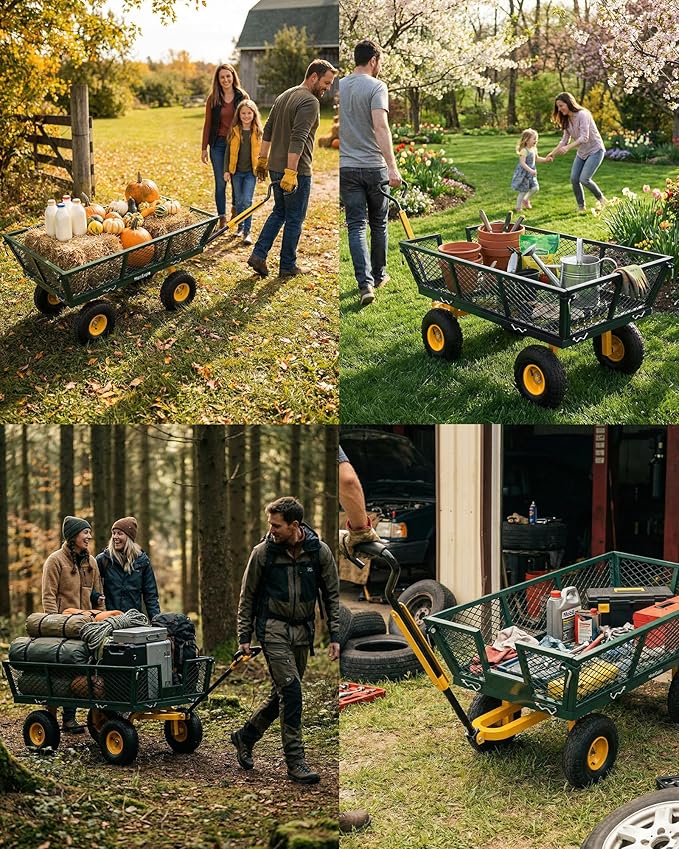 900 Lbs Heavy Duty Steel Garden Cart, Outdoor Metal Garden Wagon On Wheels, Utility Yard Cart with Mesh Removable Sides(Convert to Flatbed) and Removable Handle to Wheel Barrow, Green