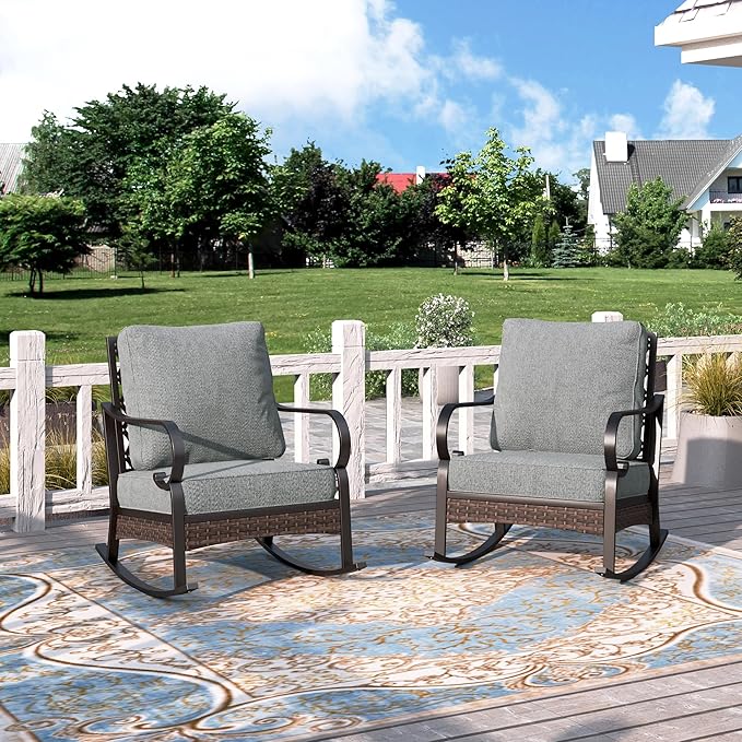 HERA'S HOUSE Patio Rocking Chairs Set of 2 with Thick Cushions, High Back Metal Outdoor Rockers, All Weather Garden Furniture for Backyard, Deck, Lawn, Grey