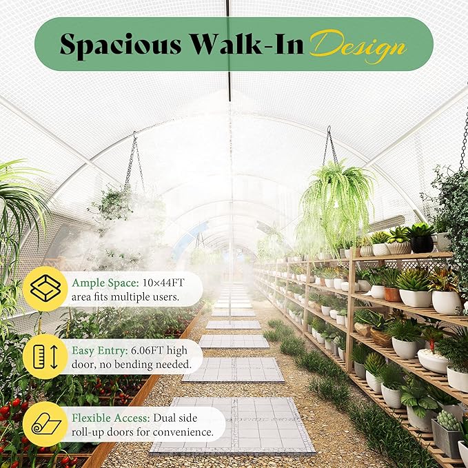 AMERLIFE Large Walk-in Tunnel Greenhouse 10×44 FT with Watering System, Heavy Duty Greenhouse with 4 Support Poles, Front/Back Doors, Mesh Windows, Galvanized Steel Frame & UV-Proof PE Cover White