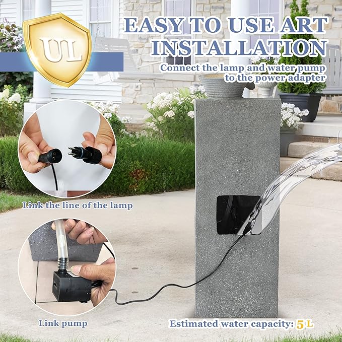 Grepatio Outdoor 5-Tiers Cascading Water Fountain, Garden Waterfalls Fountain with LED Lights, 24" H Modern Indoor Floor Standing Water Fountains with Pump for Patio, Yard, Deck Decor (Light Grey)
