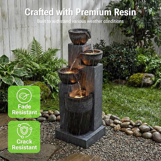 34-Inch Outdoor Water Fountain, 4-Tier Cascading Bowls Resin Waterfall Fountain with 3 Warm LED Lights, Rustic Water Feature for Garden, Patio, Deck, Porch, Backyard, Farmhouse in Gray