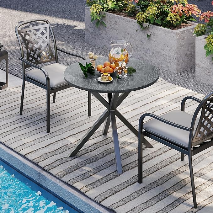 Tangkula 34-Inch Metal Round Patio Dining Table for 4, Heavy Duty Outdoor Metal Frame Dinner Table with Wood-Like Top & X-Shaped Legs, Outside Bistro Table for Deck, Balcony, Backyard, Lawn & Garden