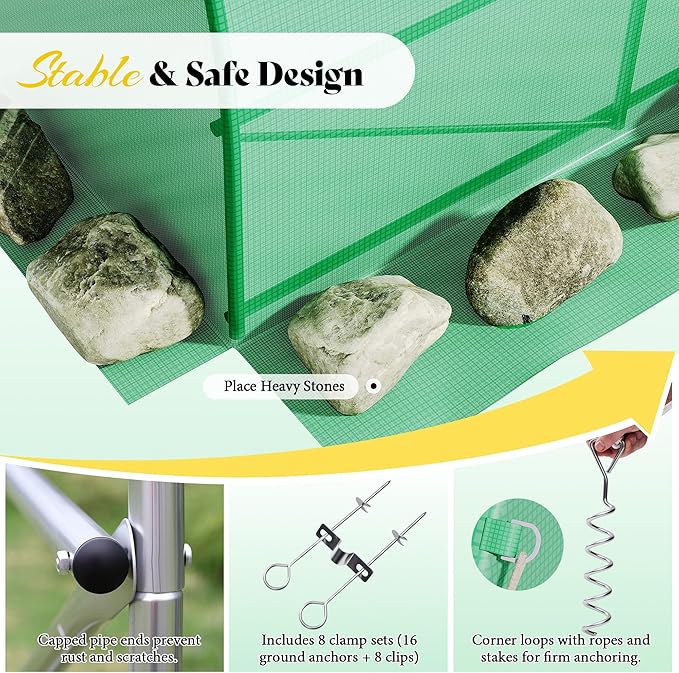 AMERLIFE 44×10 FT Large Walk-in Tunnel Greenhouse with Watering System, Heavy Duty Greenhouse with 4 Support Poles & 4 Doors, Outdoor Greenhouse with Mesh Windows, UV-Proof PE Cover, Green