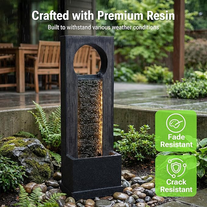40-Inch Outdoor Water Fountain, Modern Indoor & Outdoor Freestanding Resin Waterfall Fountain with LED Strips, Water Feature for Garden, Patio, Porch, Deck, Backyard in Gray, Home Art Decor
