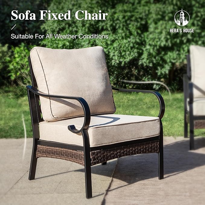 HERA'S HOUSE Patio Chairs Set of 2, High Back Outdoor Dining Chairs with Thick Cushions, All Weather Metal Frame Furniture for Garden, Backyard, Deck, Beige