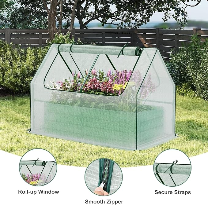 Aoodor Raised Garden Bed Kit, 4x2x1 FT Galvanized Planter Box with PE Cover, Screen Windows for Gardening, White