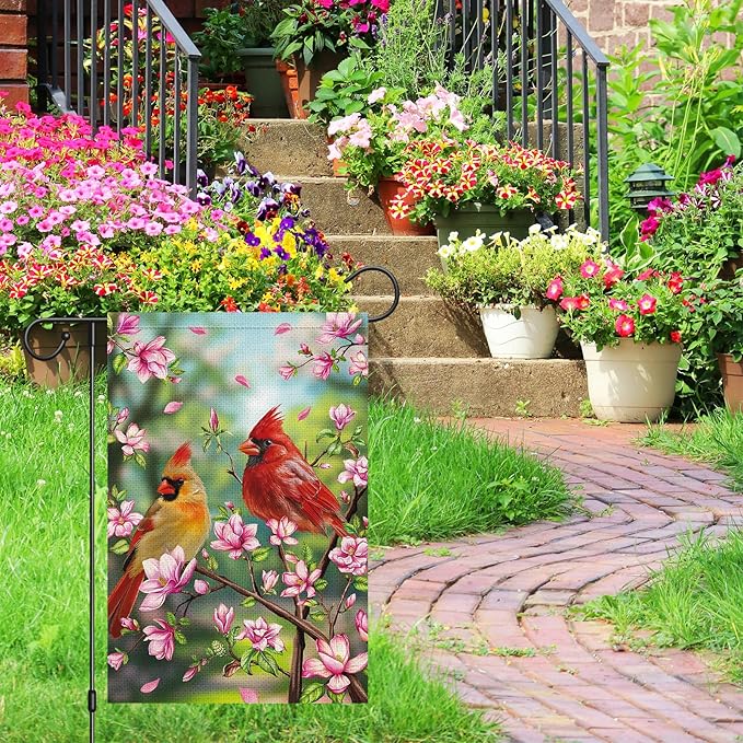 Heyfibro Spring Cardinal Garden Flag Spring Summer Magnolia Flower Garden Flags 12x18 Inch Double Sided Burlap Red Bird House Welcome Flag for Seasonal Farmhouse Yard Outdoor Decor(ONLY FLAG)