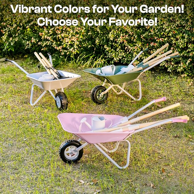 ROBUD Kids Gardening Tools Outdoor Toys Set Backyard Play with Kids Wheelbarrow-9pcs Metal Toddler Wheelbarrow, Garden Tools, Watering Can, Plant Labels for Ages 3+ (Grayish White)