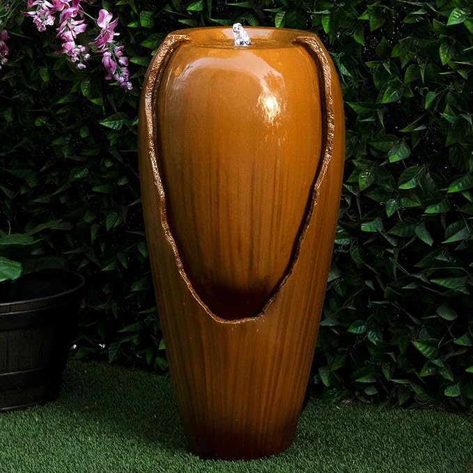 Alpine Corporation 33" Tall Outdoor Vintage Cascading Antique Jar Water Fountain with LED Lights for Gardens, Patios, and Yards, Brown