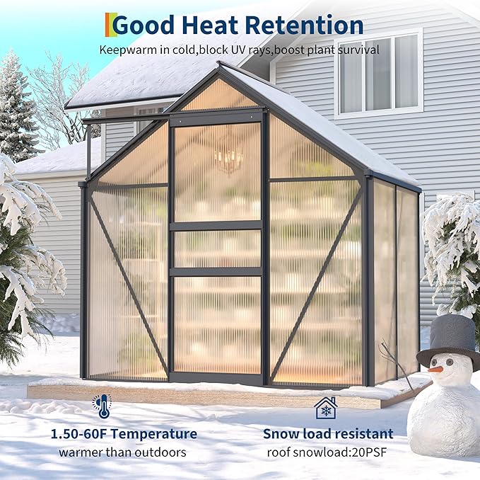 GarveeHome 6x4 FT Walk-in Polycarbonate Greenhouse - Heavy Duty Aluminum Frame with Base Kit, 4mm Double-Wall UV Protected Panels, 5-Position Adjustable Roof Vent & Sliding Door, Winter Plant House