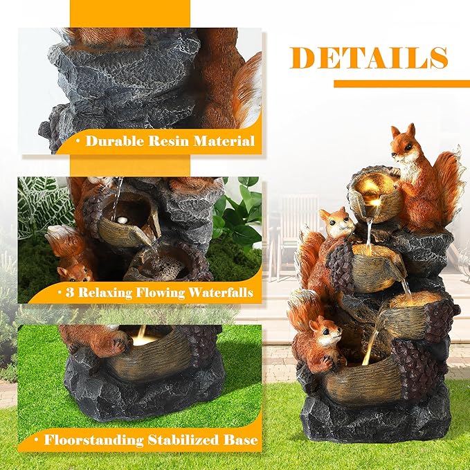 24" H Outdoor Water Fountain, 4-Tiers Cascading Garden Waterfalls with 4 LED Lights, Modern Freestanding Bird Bath Fountain with Pinecones & Squirrels, for Yard Patio Deck and Indoor Decor