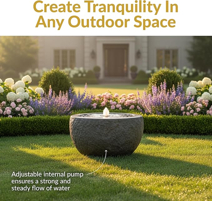 Sunnydaze Outdoor Water Fountain with LED Light - Polystone Round Bowl Bubbler Water Feature with Pump - 9.5" H - for Patio, Garden, Deck, Relaxation and Stress Relief - Gray