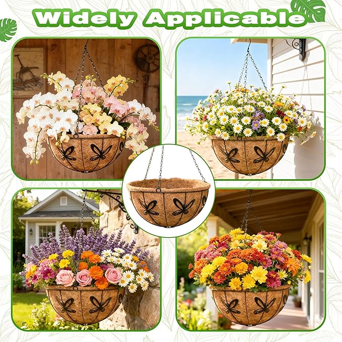 4 Pack 12 Inch Metal Outdoor Hanging Baskets Black Heavy Duty Hanging Planters with Coco Liners for Indoor Outdoor Plants Gardens Patios Terraces（Butterfly）