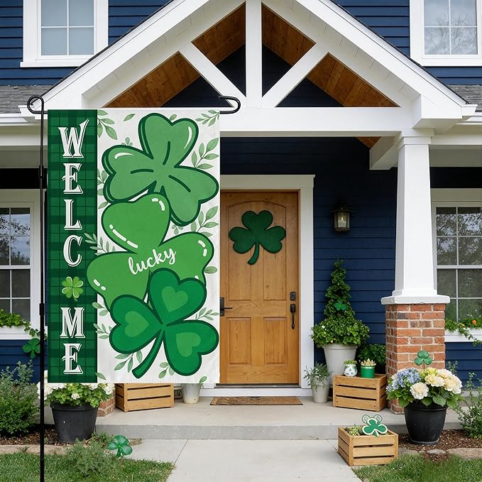 OHOME St Patricks Day Decorations - Shamrock Garden Flags | St Patricks Day Party Favors Supplies Decor Indoor Outdoor - St Patrick's Day Welcome Backdrop Banner for Garden Porch Patio Lawn Yard