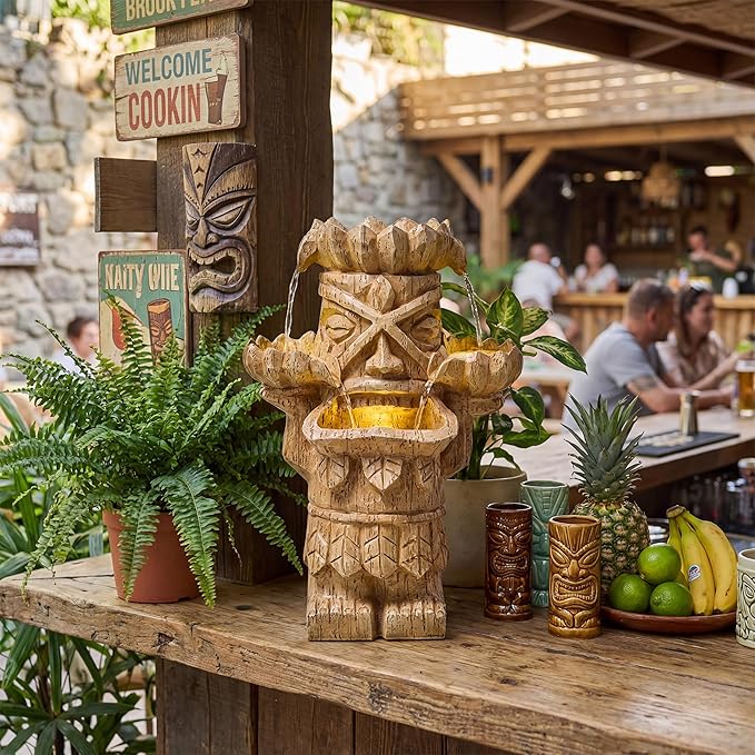 20-Inch Outdoor Water Fountain, 3-Tier Polynesian Tiki Head Resin Waterfall Fountain with 4 Warm LED Lights, Home Art Decor for Garden, Patio, Yard, Deck, Porch, Deck or Lawn in Natural Wood