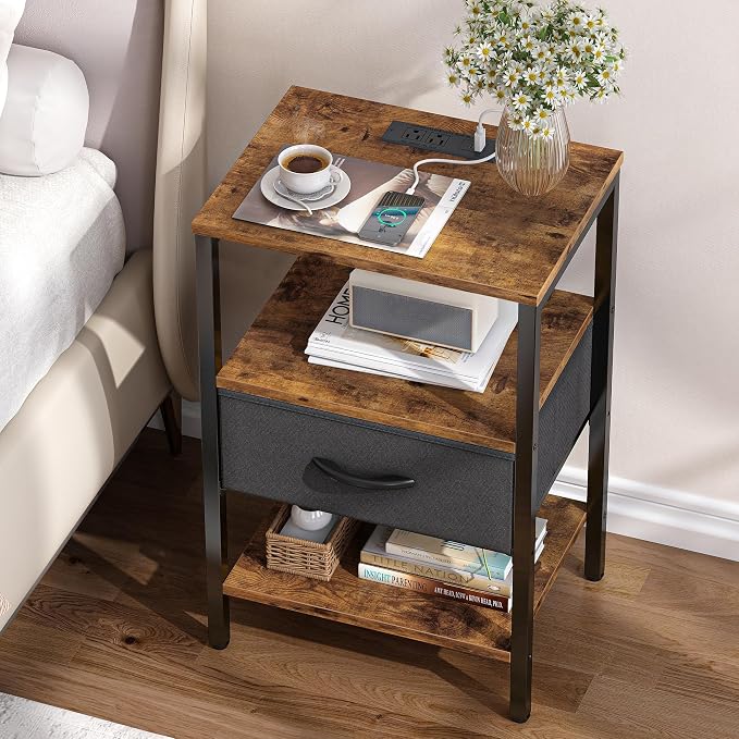 SUPERJARE Nightstand Set of 2 with Charging Station, USB-C Port, End Tables