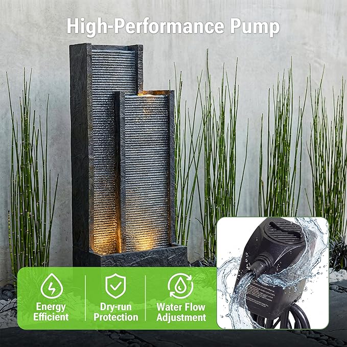 41-Inch Outdoor Water Fountain, Modern Resin Waterfall Fountain with 3 Warm LED Lights, Texture Freestanding Water Feature for Garden, Patio, Yard, Porch, Deck, Lawn, Balcony in Gray, Home Decor