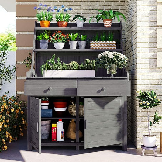 RUNNA 65inch Garden Potting Bench Table, Fir Wood Workstation with Storage Shelf, Drawer and Cabinet (Gray@017, 65inch)