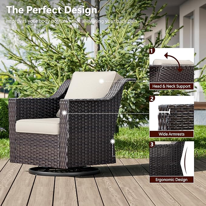 9 Pieces Wicker Patio Furniture, Luxury Outdoor Furniture with 2 Patio Swivel Chair, 2 Chair, 3-Seater Sofa, 2 Ottoman, 1 Coffee Table and 1 Side Table, Wide Armrest, Thickened Cushions