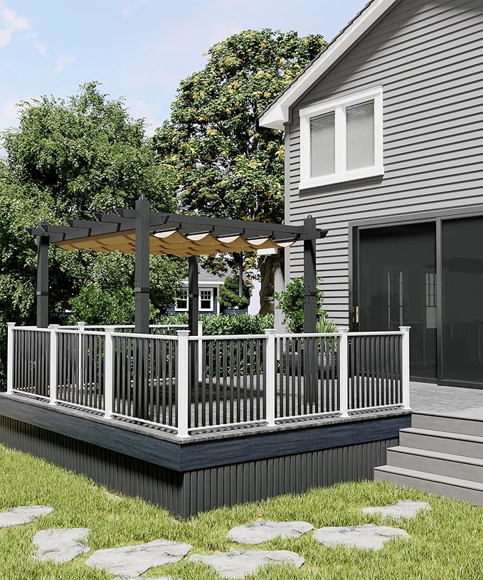 GarveeLife 10x10 ft Aluminum Pergola Outdoor Metal Gazebo with Adjustable Canopy Reinforced Frame Outdoor Shelter for Backyard Garden and Deck - Khaki