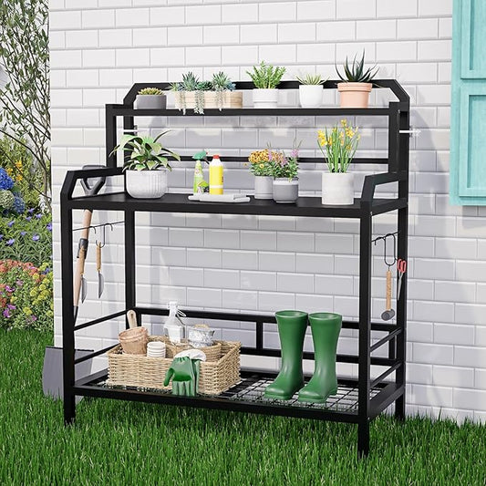 Outdoor Metal Potting Bench Table with Storage,3-Tier Heavy Duty Garden Workbench,All-Weather Gardening Table with 4 Side Hooks,18" D x 39" W x 32" - 47" H,Black