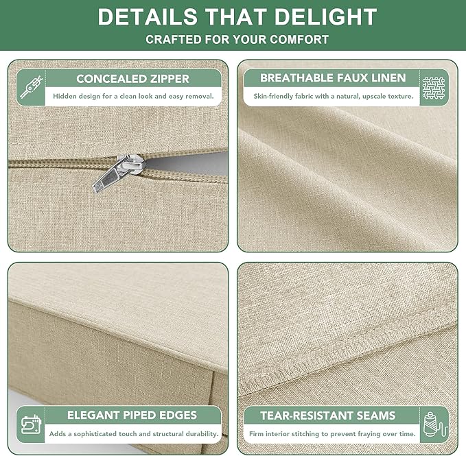 Summsun Patio Chair Cushions Set of 4, Faux Linen Outdoor Furniture Cushions, Water Resistant Backrest and Cushion Set with Ties, Removable Cover, Non-Slip Bottom, 19 x 19 Inch, Beige