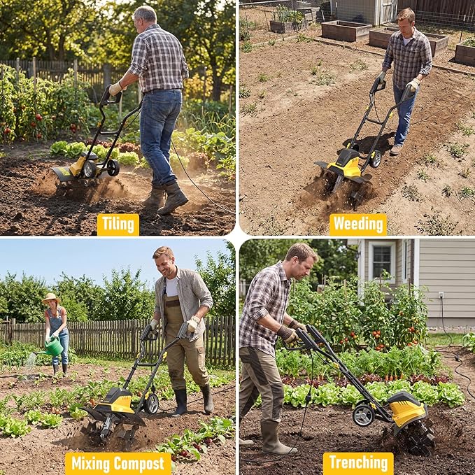 Electric Tiller for Gardening, 18-Inch 13.5-Amp Rototiller & Cultivator with 6x4 Steel Tines, 8.7" Adjustable Tilling Depth, Foldable Electric Garden Tiller with Wheels for Lawn/Yard
