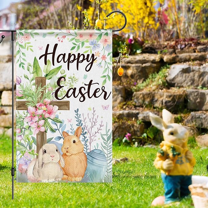 OHOME Easter Decorations - Happy Easter Garden Flag | Easter Party Decorations for Indoor Outdoor Outside - Easter Garland Banner for Front Door | Easter Backdrop Wreath for Window Wall - Easter Decor