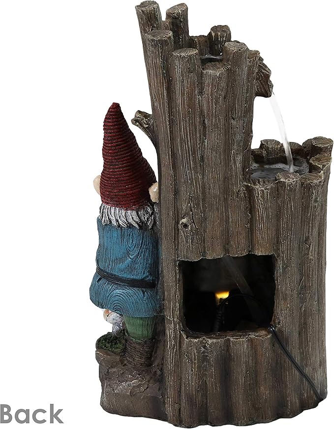 Sunnydaze Resting Gnome Outdoor Water Fountain with LED Light - Gnome Garden Fountain for Patio, Backyard or Deck - 17" High