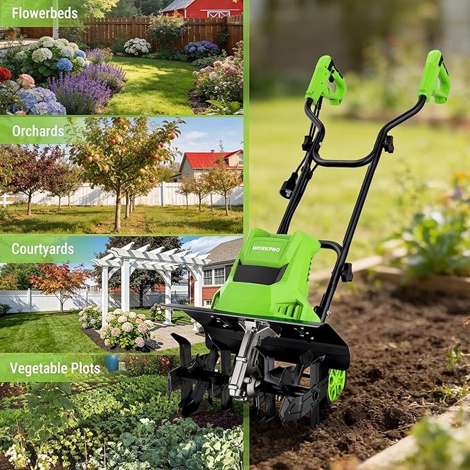 WORKPRO 12.5 Amp Electric Garden Tiller & Cultivator, 16" Tilling Width & 8.7" Depth, 6 Steel Tines, 4-Position Adjustable Wheels, Safety Switch, Corded Rototiller for Garden, Lawn & Flower Beds