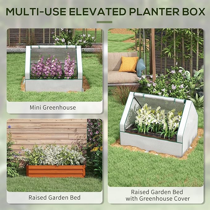 Outsunny 4 x 3 x 1ft Raised Garden Bed with Mini Greenhouse, Galvanized Outdoor Planter Box with Cover, for Herbs and Vegetables, Use for Patio, Garden, Balcony, White Cover and Brown Planter