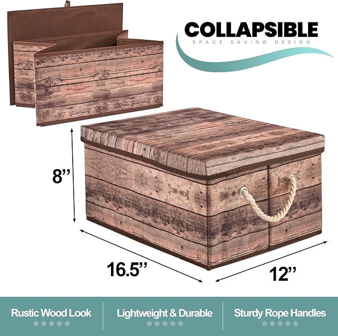 Sorbus Decorative Storage Boxes with Lids, Foldable Organizer (Brown) | Rustic wood-grain-print bins with carry handles and frame for toys, memorabilia, closets, offices and bedrooms; two-pack.
