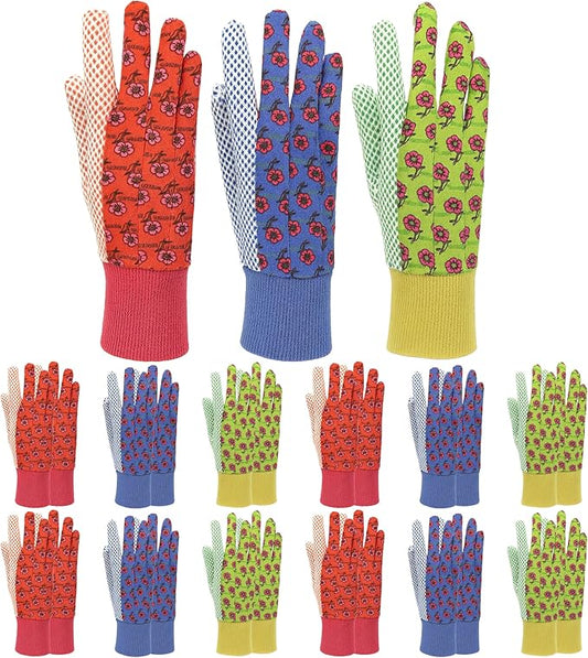 Women's Gardening Gloves, Soft Cotton Jersey, Floral Print, PVC Dot Grip, Comfortable & Durable Multi color Green, Red, Blue