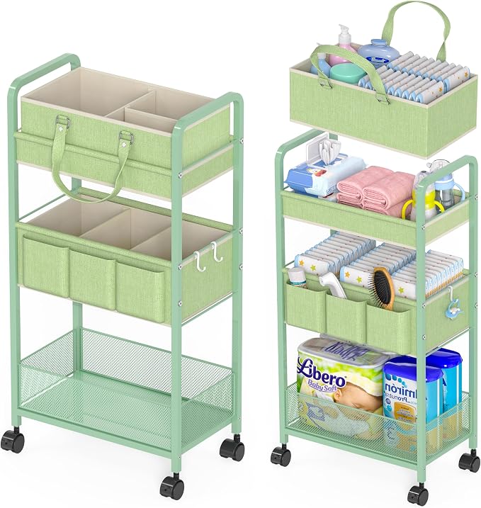 LIDTOP 2in1 Baby Diaper Caddy Organizer Cart, 3-Tier Rolling Cart, Metal Diaper Caddy Carts, Bedside Carts for Nursery Essentials Storage, Detachable Dividers, Large Capacity, Green