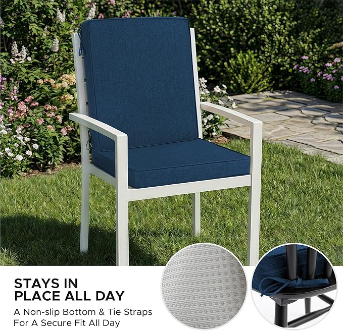 Outdoor Chair Cushions, Water-Resistant & Fade-Resistant, Patio Furniture Lawn Dining Chair Seat Replacement with Mid Back, Ties Zipper, Removable Cover, 18 x 16.5 Inch, Set of 4, Navy Blue