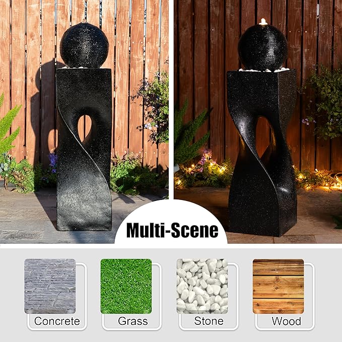 Glitzhome Outdoor Water Fountain, 40.5" H Polyresin Outdoor Fountain with Pebbles, Pump and LED Light, Modern Geometric Pedestal and Sphere Garden Fountain Waterfall for Patio, Backyard, Porch, Deck
