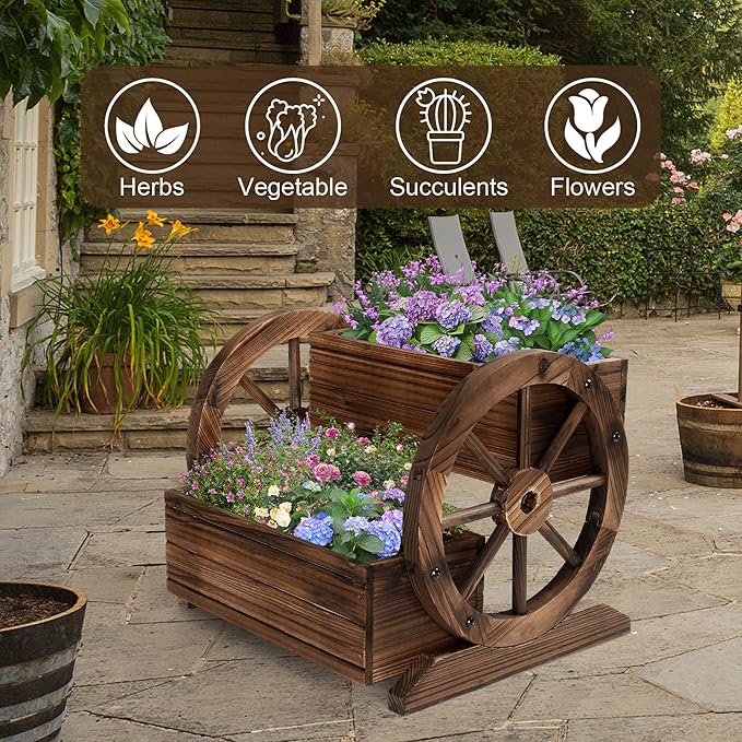 OIPRTGFJ Wooden Wagon Planter Box, Garden Planter with Wheels,Decorative Planter for Flowers Herbs Vegetables for Indoor & Outdoor Décor, Flower Cart for Patio Garden Balcony