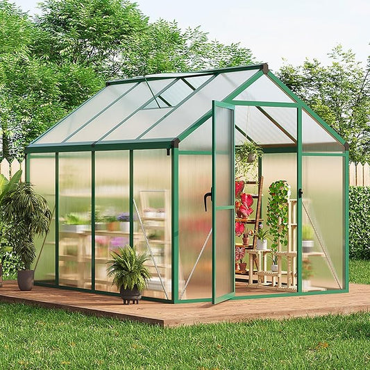 GarveeLife 6X8 FT Greenhouse for Outdoors, Polycarbonate Greenhouse with Roof Vent, Ground Nails, Lockable Push Door, Aluminum Large Walk-in Green House for Outside Garden Backyard, Patio, Lawn, Green