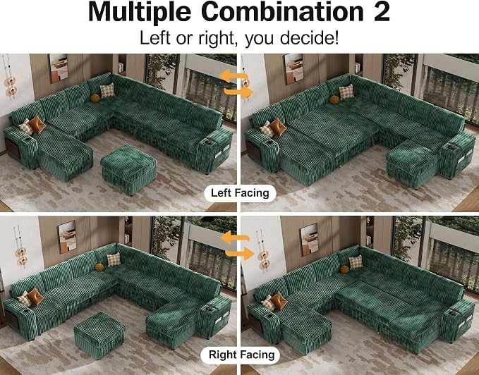 Vipbear 130" Modular Sectional Sleeper Sofa with Pull Out Bed, 9 Seat Corduroy L Shaped Couch with Ottoman and Chaise|USB Ports|Cup Holders|Side Table, Tool Free Assembly, Green