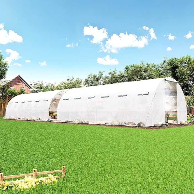 AMERLIFE Large Walk-in Tunnel Greenhouse 10×44 FT with Watering System, Heavy Duty Greenhouse with 4 Support Poles, Front/Back Doors, Mesh Windows, Galvanized Steel Frame & UV-Proof PE Cover White