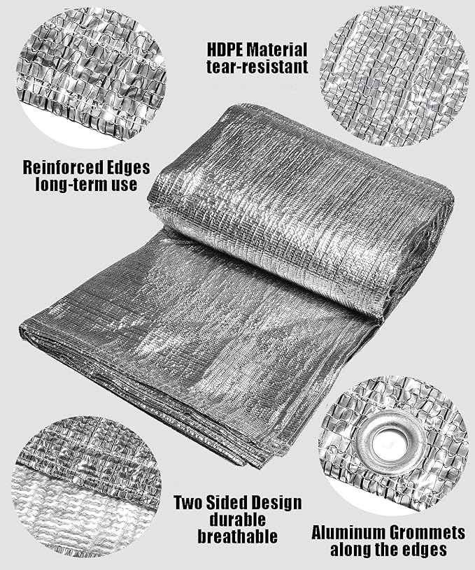 Thickened 90%-95% Aluminum Sun Shade Cloth with Grommets 10 FT x 10 FT - Shade Cover Canopy, Mesh Tarp Sun Screens - Silver Heat Reflective Tarp for Outdoor Pergola,Greenhouse,Patio,Garden,Lawn,Cars