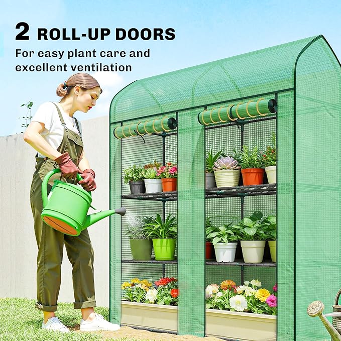 Outsunny 3 Tier Mini Greenhouse, 56.3" x 18.1" x 65" Small Portable Greenhouse with 2 Roll-up Doors, Garden Plant Growhouse with PE Cover for Indoor Outdoor, Green