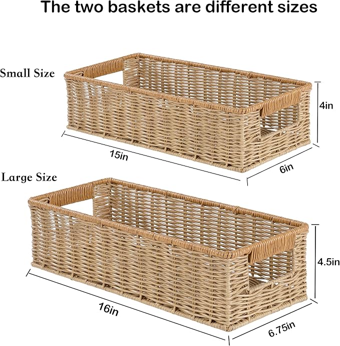 Waterproof Rectangular Toilet Paper Baskets, 16 ¼"L x 6 ¾"W x 4 ½"H Nesting Plastic Wicker Basket, Woven Long Narrow Baskets for Pantry Bathroom Toilet Tank Top Countertop, 2 Pack