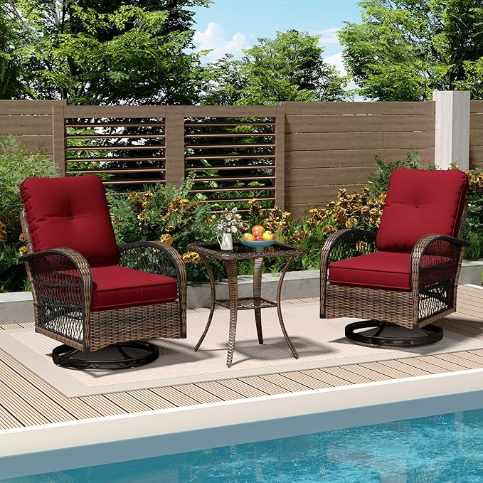 MELLCOM 3 Pieces Patio Furniture Set, Outdoor Swivel Rocker Patio Chairs, Wicker Patio Bistro Set with Rocking Chair, Thickened Cushions and Glass Coffee Table for Backyard, Garden, Wine Red