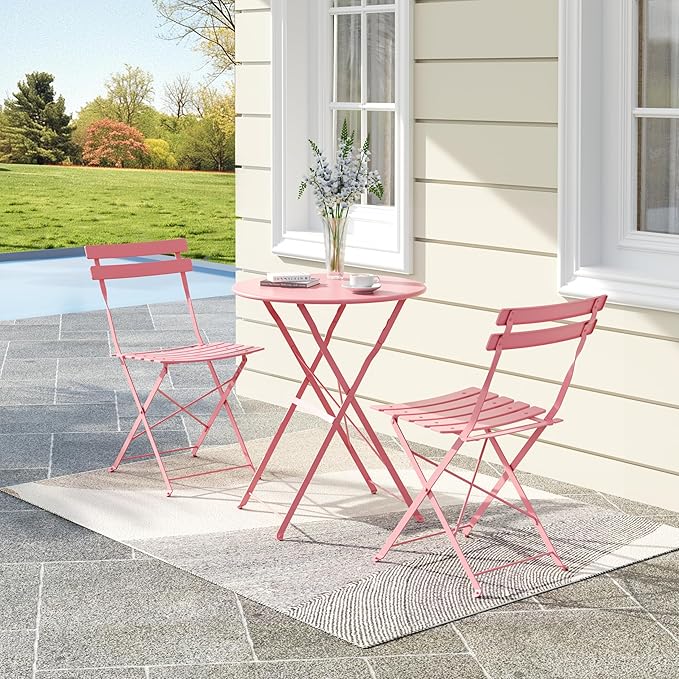 GarveeLife 3-Piece Folding Bistro Set, Foldable Patio Furniture Set with Premium Frame, Outdoor Bistro Table and Chairs Set of 2 for Patio, Garden and Balcony, Pink