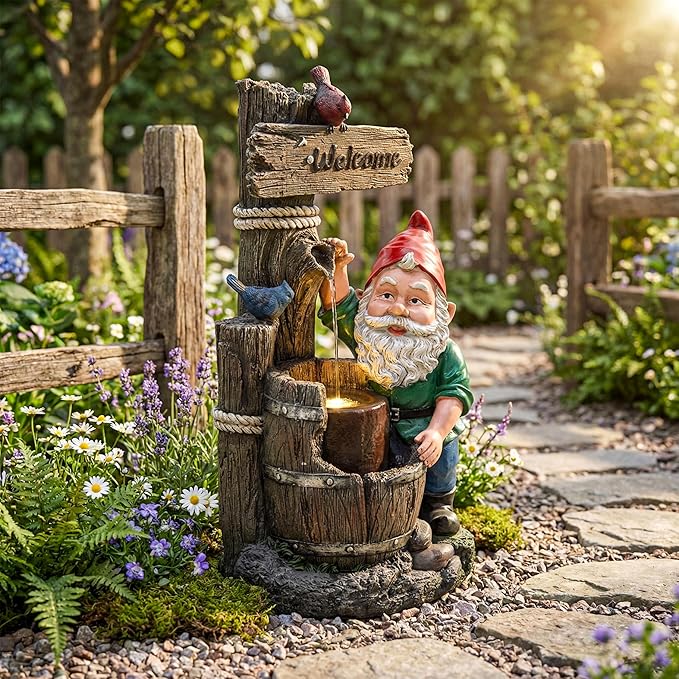 27-Inch Outdoor Water Fountain, 2-Tier Garden Gnomes Statue Resin Waterfall Fountain with Welcome Sign & Bird Accents & LED Light, Home Decor for Lawn, Patio, Porch, Backyard, Enterway in Brown