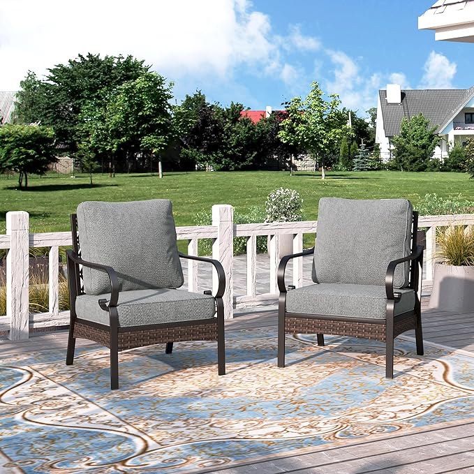 HERA'S HOUSE Patio Chairs Set of 2, High Back Outdoor Dining Chairs with Thick Cushions, All Weather Metal Frame Furniture for Garden, Backyard, Deck, Grey