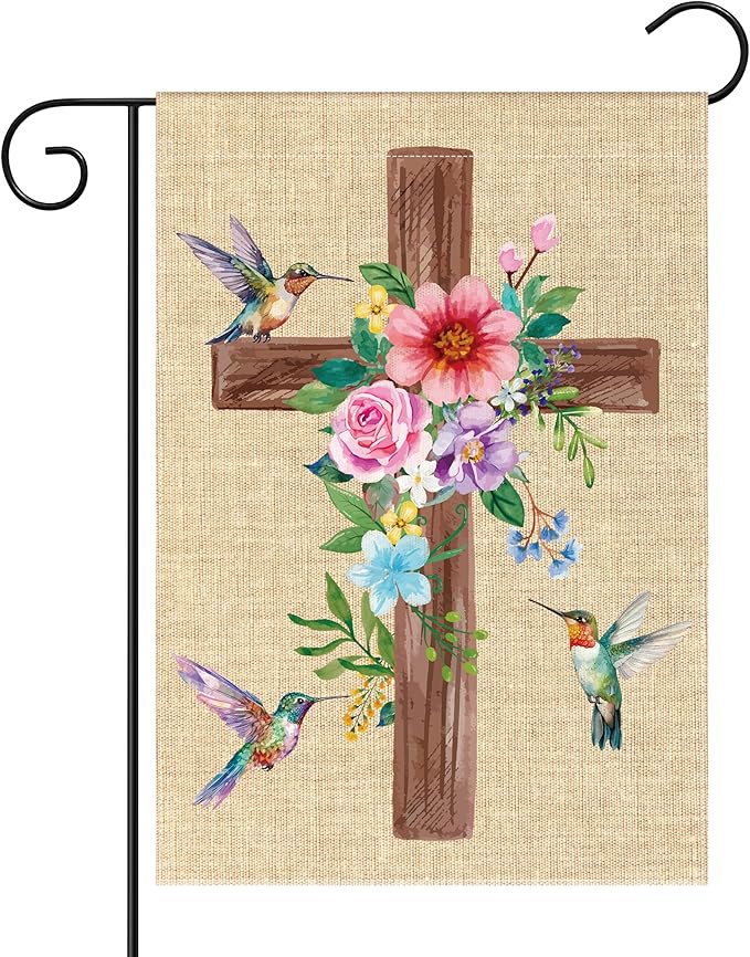 WATINC Spring Summer Hummingbird Flower Christian Cross Linen Garden Flag - 12 x 18 Inch Easter Religious Yard Flag for Outside, Double Sided House Outdoor Decoration for Porch Lawn Pathway (Pink)