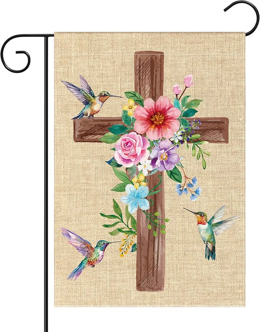 WATINC Spring Summer Hummingbird Flower Christian Cross Linen Garden Flag - 12 x 18 Inch Easter Religious Yard Flag for Outside, Double Sided House Outdoor Decoration for Porch Lawn Pathway (Pink)