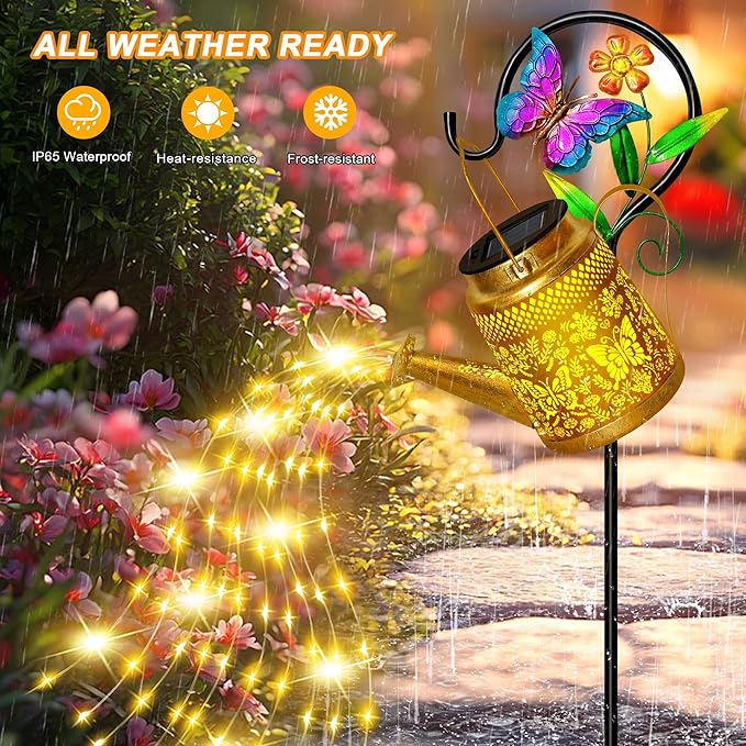 Solar Watering Can Lights Outdoor Garden Decor, Large Butterfly Hanging Lantern with Shepherd Hook, Waterproof Garden Lights for Outdoor Landscape Pathway Yard, Gift for Mom Grandma Mother Gifts